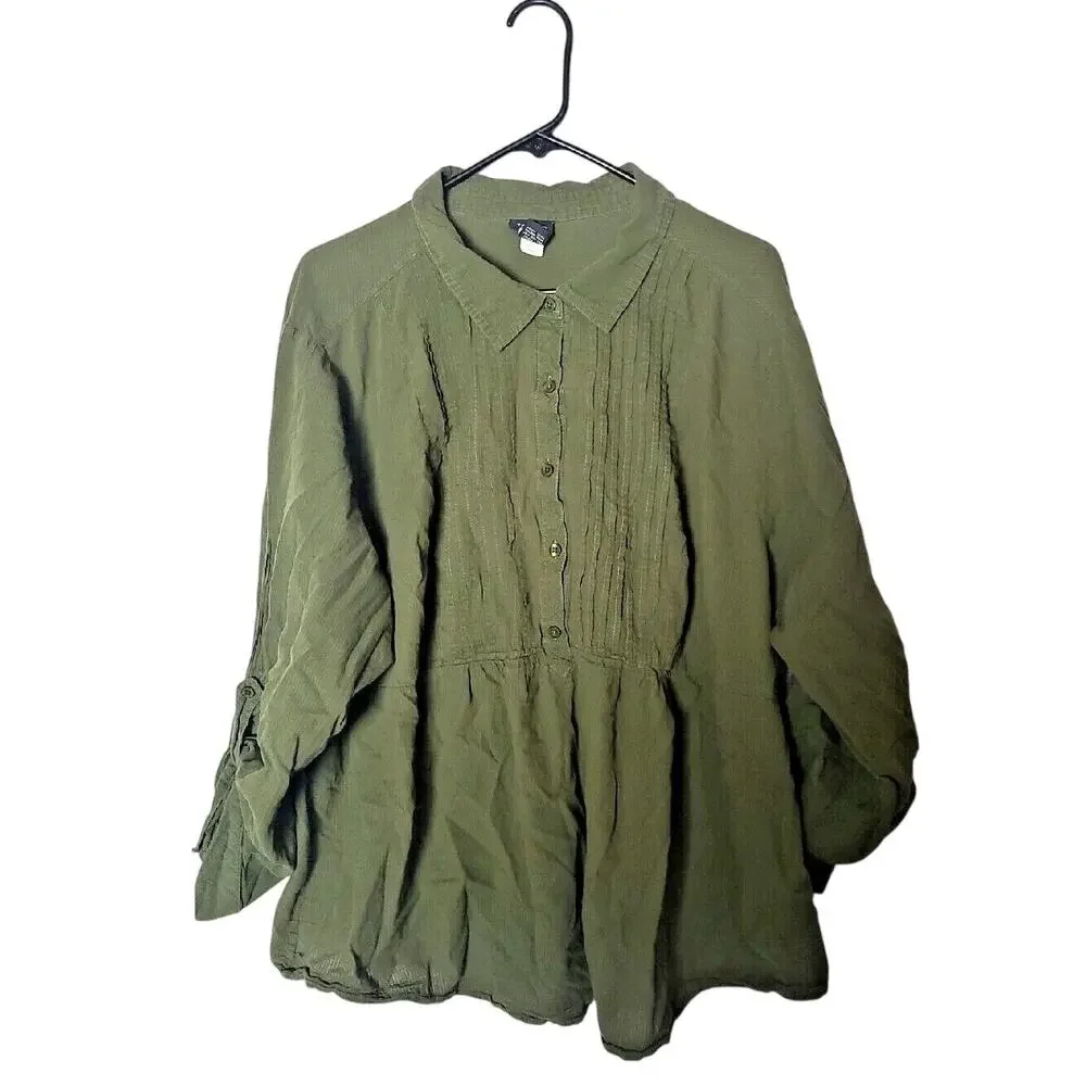 Torrid Olive Green Pintuck 1/2 Button Collared Roll‎ Tab Sleeve Top Womans Sz 5x